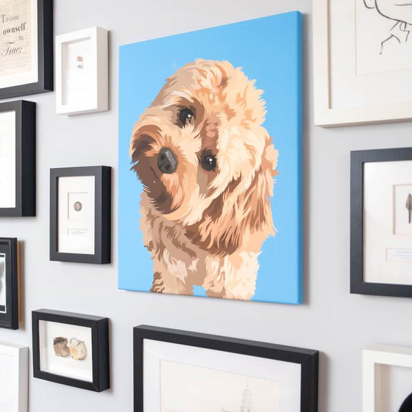 personalized dog canvas hangs on the wall